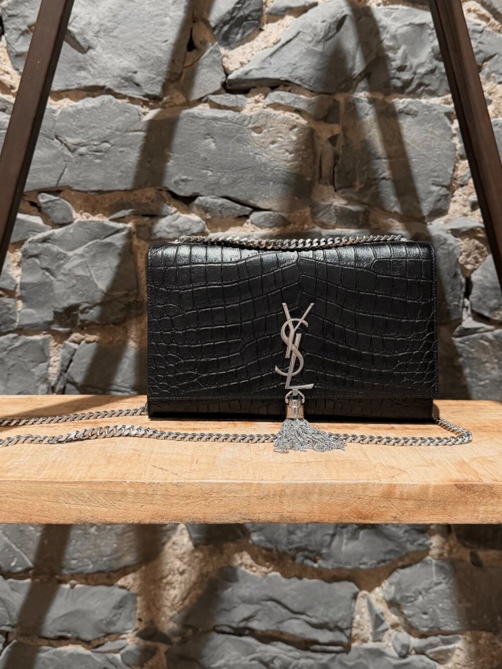 Saint Laurent Black Croc Embossed Medium Kate Tassel Chain Bag